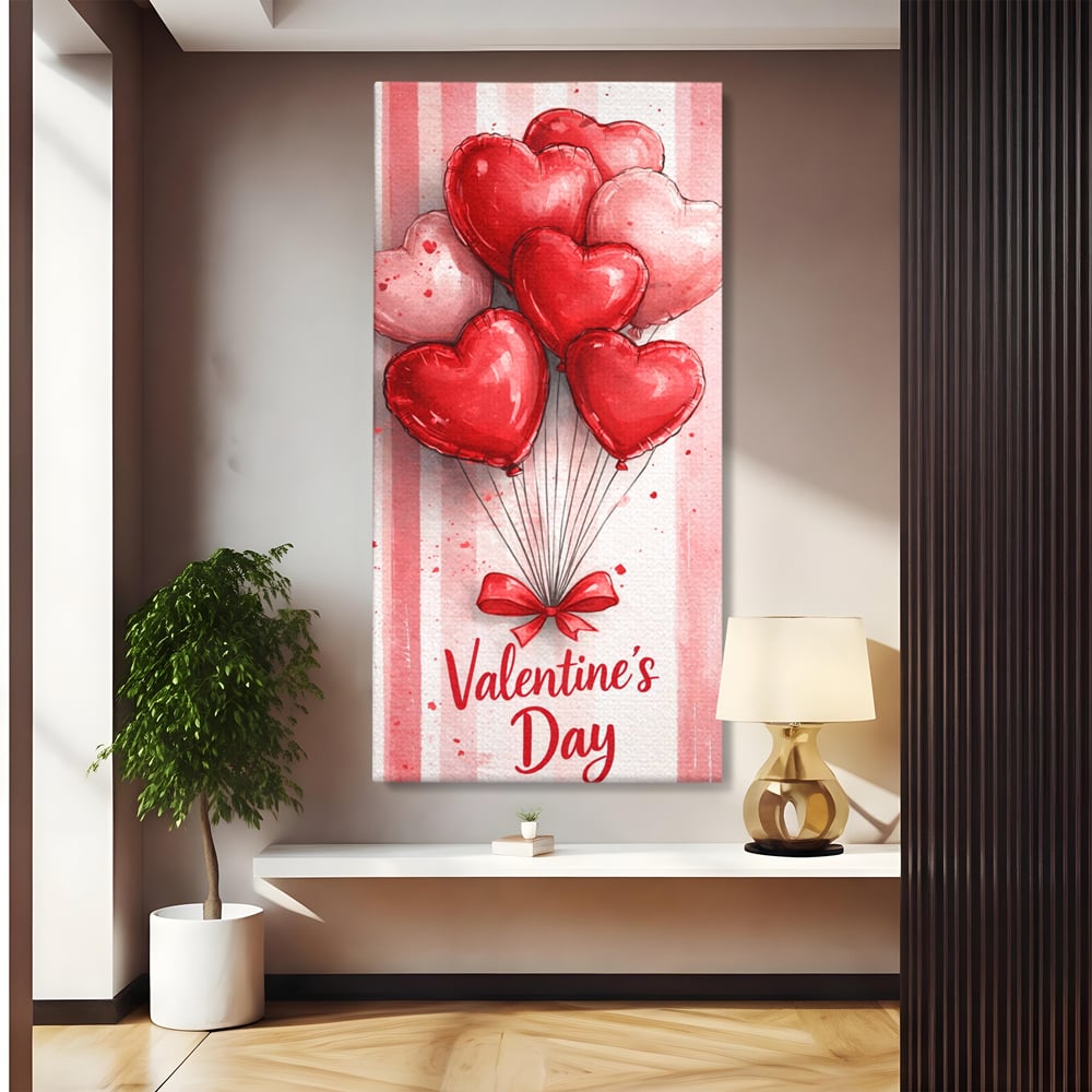 Tablou canvas cu illustratie verticala cu baloane rosii in forma de inima, fara rama, pe sasiu de lemn
